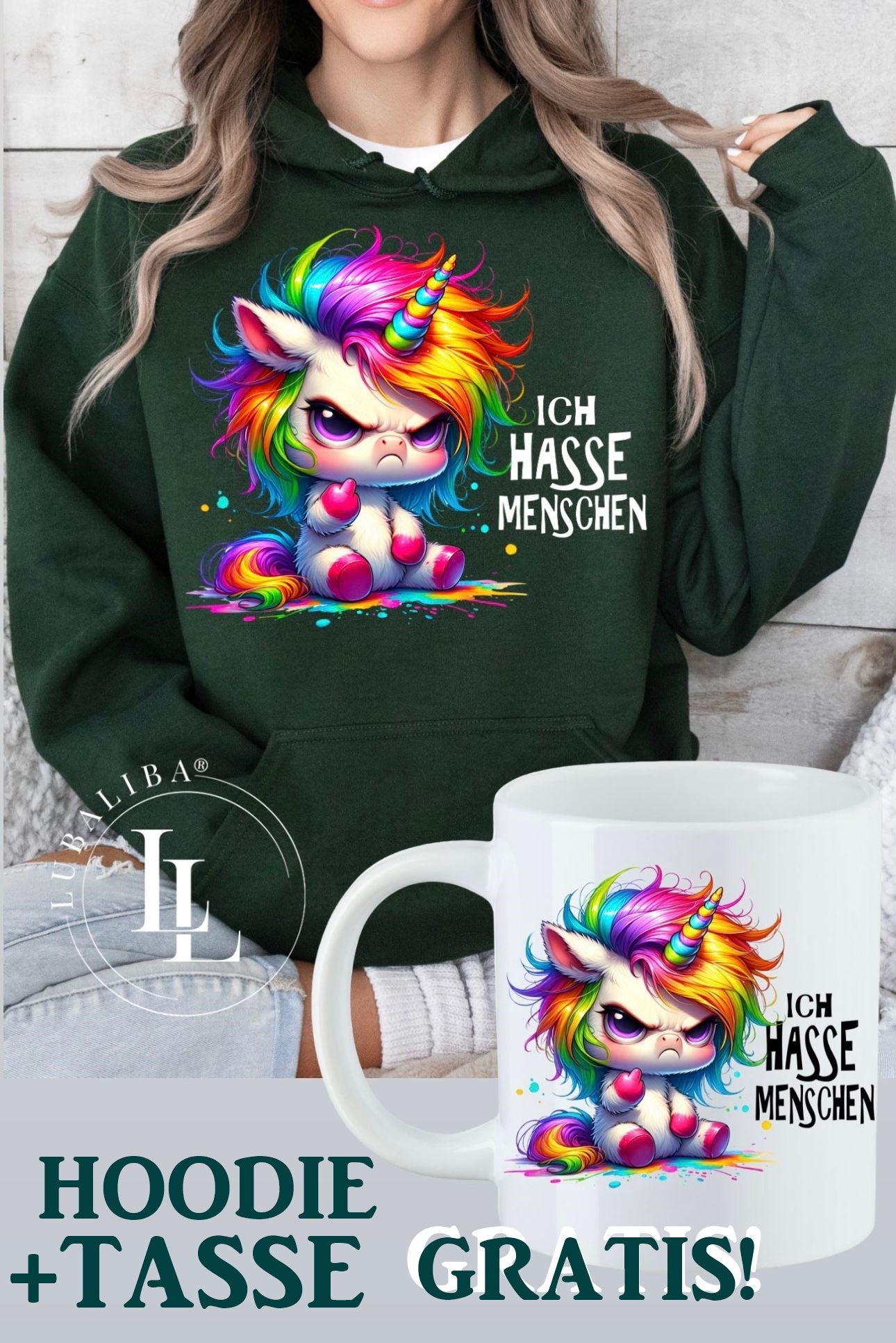 Hoodie Khaki + TASSE " Ich Hasse Menschen Horbert das Einhorn " ArtNr.: TAL